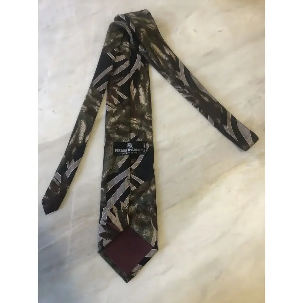 Vintage Pierre Balmain Tie Paris Black Green Geometric Palm Print Extra Long